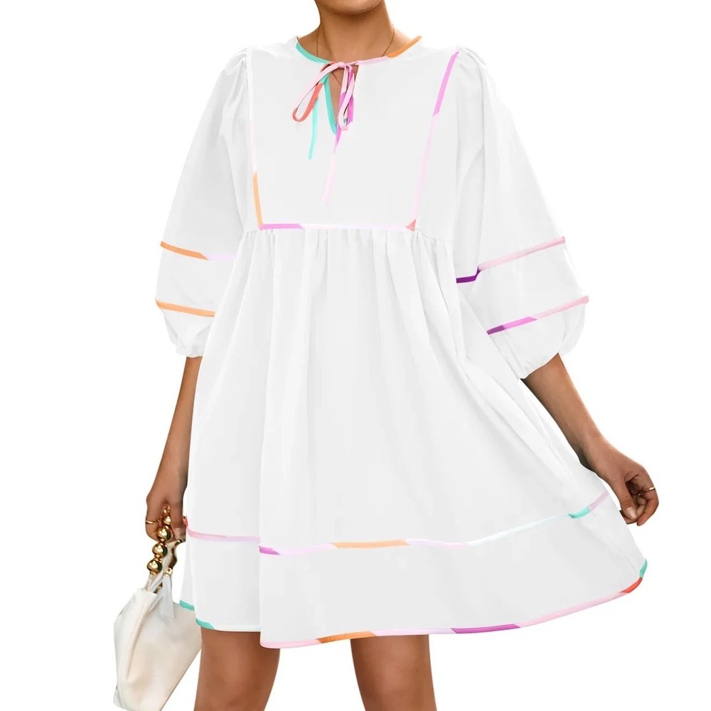 NWT Cicy Bell Babydoll Mini Dress White Pink Rainbow Trim Balloon
Sleeves XXL